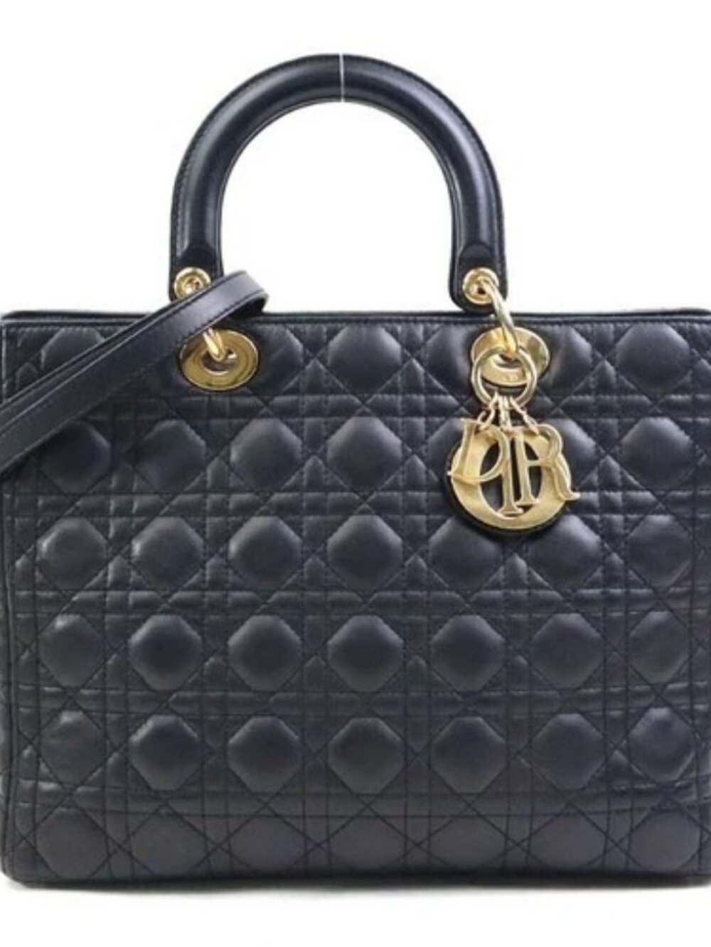 Auth Christian Dior Lady Dior Handbag Shoulder Bag Black/Gold Leather - e60714a